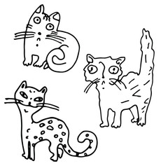 Three cute graphic cats. Line Artaud. White background, isolate. Stock illustration.