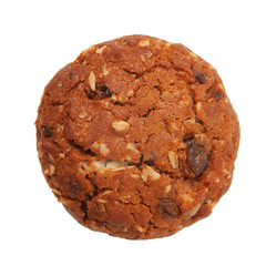 chocolate cookie with nuts and raisins isolated on white background