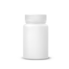 Bottle mockup isolated on white background. Medicine plastic package for pills, vitamins or capsules. Vector empty jar, container mock up.