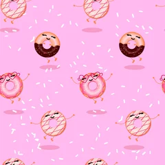 Foto op Plexiglas Seamless pattern with fun cartoon donuts on a pink background. Vector illustration for printing on fabric, packaging paper, and other surfaces. © OlivaGreen