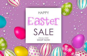 Easter poster and banner template with Easter eggs. Congratulations and gifts on the day of the Passover in a reclining style. Promotion and trading template for Easter