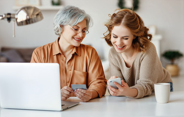 Young woman teaching senior mother to do online shopping