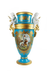 antique blue ceramic vase with angels on white background, vintage
