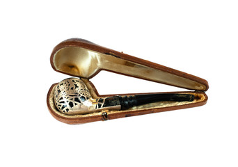 antiques golden smoking pipe with case