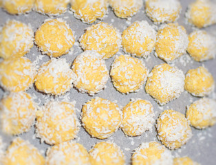 round candy homemade of corn sticks sprinkle coconut