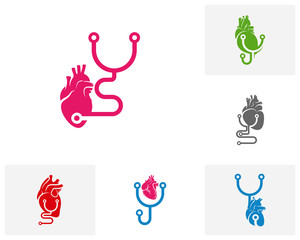 Set of Heart with Stethoscope logo vector template, Creative Human Heart logo design concepts