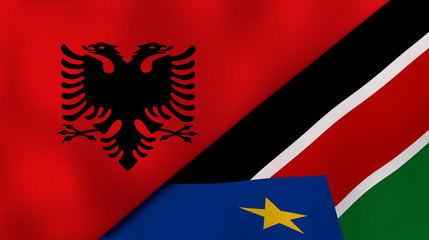 The flags of Albania and South Sudan. News, reportage, business background. 3d illustration