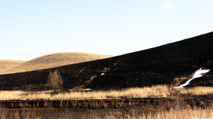 Burnt black earth as a result of artificial grass burning in the spring. Harm to nature.