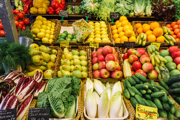 Fruit and vegetable market. Lots of different fresh fruits and vegetables.