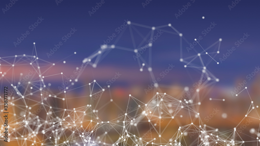 Poster digital computer data and network connection triangle lines and spheres in futuristic technology con