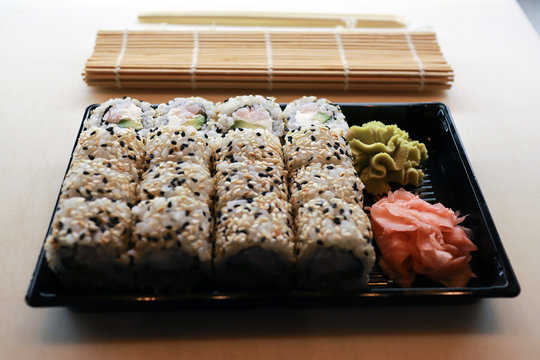 Takeaway box with sushi