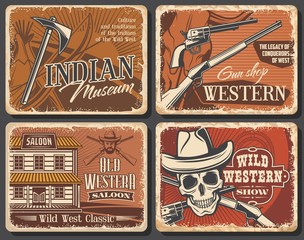Western cowboy and Wild West saloon, skull and sheriff hat, shotgun and tomahawk, bow, Texas longhorn bull, revolver gun shop. American Western vintage vector grunge posters, rodeo show and Indian - obrazy, fototapety, plakaty