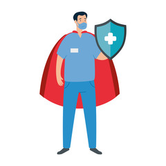 super male paramedic with shield and hero cloak vector illustration design