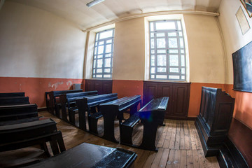 Empty vintage classroom from old times