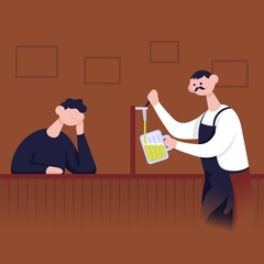 Bartender pours a glass of beer to a man. Flat cartoon vector color icon