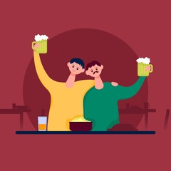 Two friends hugged and raised glasses with beer. Flat cartoon vector color icon