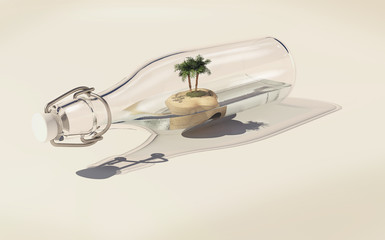 3D abstract picture of glass bottle with little island and two palms