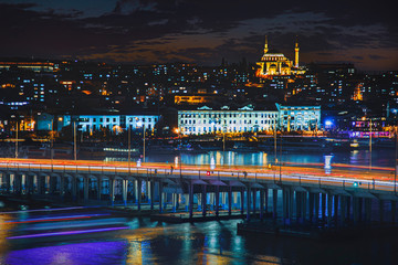 Fototapeta na wymiar Istanbul urban down town road traffic view during twilight with amazing city lights long exposure