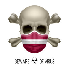 Human Skull with Crossbones and Surgical Mask in the Color of National Flag Latvia. Mask in Form of the Latvian Flag and Skull as Concept of Dire Warning that the Viral Disease Can be Fatal