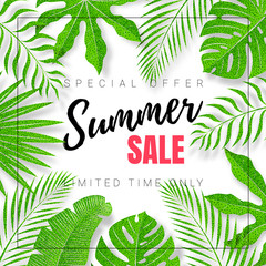 Summer sale poster with palm foliage