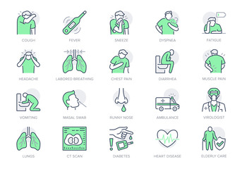 Coronavirus, flu virus symptoms line icons. Vector illustration included icon as cough, fever, lung ct scan, headache, pneumonia prevention outline pictogram for infographic, green color