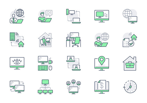 Work from home line icons. Vector illustration included icon as freelance worker with laptop, workspace, pc monitor, remote business outline pictogram for online job, green color