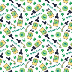 Marjuana Oil seamless pattern. Dropper bottle with pipette and hemp oil drop. Vector texture on white background. Surface legalize medical smoke design