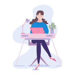 A poor bored or tired office woman or working from home. She is overloaded, unhappy and probably can't handle deadlines to finish the task. Cartoon flat vector illustration.