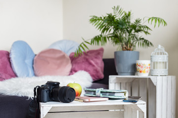 Cozy living space for working from home - DSLR camera, coffe mug, planners, apple, pillows, candle and palm