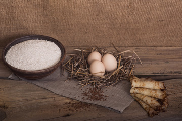 Hot, baked pancakes with eggs and flour, in a village style