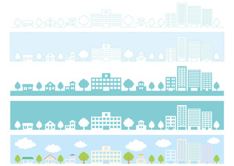 街並み,街並,街,風景,かわいい,シンプル,素材,枠,家,学校,ビル,会社,木,市街地,空,青空,雲,シルエット,線,白,水色,青,緑,背景,白背景,イラスト, デザイン,ベクター