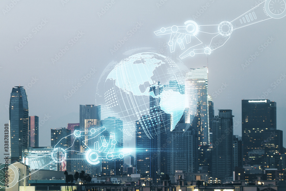 Aufkleber abstract virtual robotics technology sketch with globe on los angeles office buildings background, f