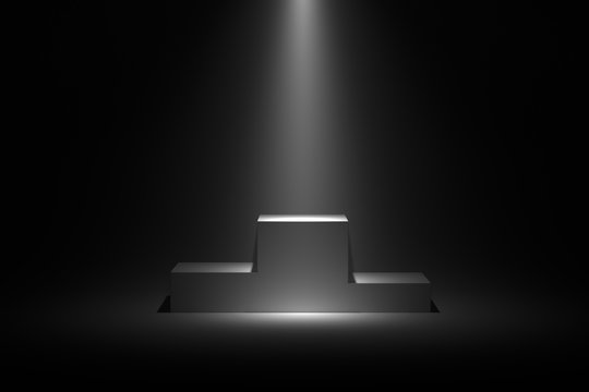 Winners pedestal. White 3d geometric illuminant studio pillar podium pedestals isolated illustration with spotlight. 3D rendering illustration.
