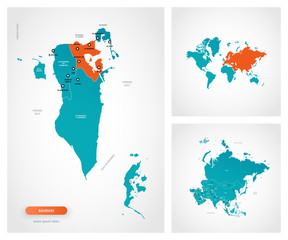 Editable template of map of Bahrain with marks. Bahrain  on world map and on Asia map.