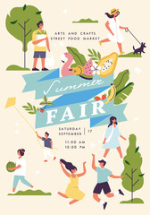 Vector summer fair poster, flyer or banner or banner template with people enjoying their time outdoors in park. Summer holiday season recreation and public event. - obrazy, fototapety, plakaty