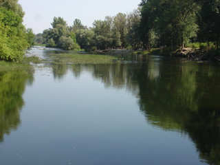 Fototapeta na wymiar A wide, calm river on a summer morning.