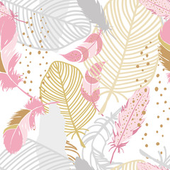 Fototapeta na wymiar Abstract seamless feathers pattern gold, pink and gray colours background. Hand-drawn vector illustration.