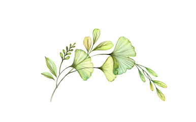 Watercolor floral arch. Green branches and leaves. Round design element. Transparent detailed foliage isolated on white. Realistic botanical illustration for cards, wedding design