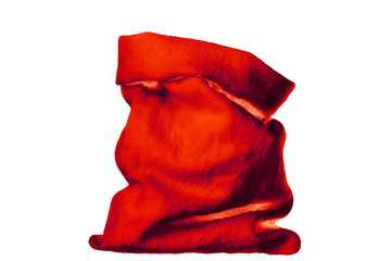 Santa Claus red sack of presents on white background isolated close up, Santa's bag full of Сhristmas gifts, bagful filled with New Year presents, xmas holiday traditional attribute design, copy space