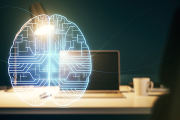 Fototapeta premium Creative artificial Intelligence concept with human brain sketch on modern computer background. Double exposure