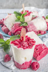 Sweet and tasty diet summer dessert. Homemade raspberry yogurt popsicle with fresh raspberries and mint. Healthy ice cream recipe. Wooden white background copy space