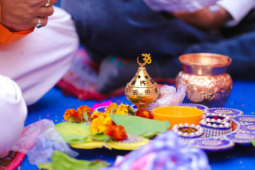 Indian traditional wedding ceremony : Decorative puja thali