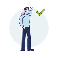 Viral Infection Protection. Infographic With Sneezing Man Showing How To Sneeze Correctly, Covering Mouth By Wrist During Coronavirus Epidemic. Cartoon Linear Outline Flat Style Vector Illustration