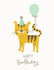 Birthday tiger with a party hat and a balloon. Cute cartoon tiger vector illustration for jungle party, birthday cards, invitations, nursery poster, art print and baby clothing.