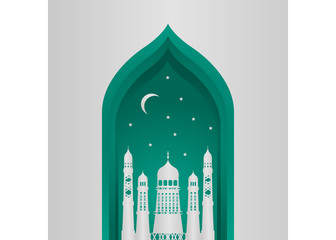 Vector Ramadan Kareem card. Vintage paper banner with mosque, moon, stars, sun and cloud for holy Ramadan wishing. Arabic decor in Eastern style. Islamic muslim background illustration