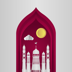 Vector Ramadan Kareem card. Vintage paper banner with mosque, moon, stars, sun and cloud for holy Ramadan wishing. Arabic decor in Eastern style. Islamic muslim background illustration