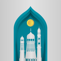 Vector Ramadan Kareem card. Vintage paper banner with mosque, moon, stars, sun and cloud for holy Ramadan wishing. Arabic decor in Eastern style. Islamic muslim background illustration