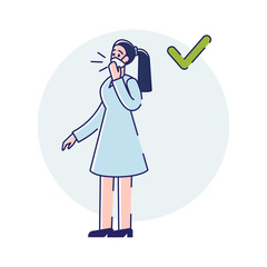 Viral Infection Protection. Infographic With Sneezing Woman Showing How To Sneeze Correctly, Covering Mouth By Mask During Coronavirus Epidemic. Cartoon Linear Outline Flat Style Vector Illustration