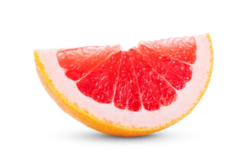 Ripe slice of pink grapefruit citrus fruit on white background
