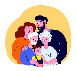 Big Family Together Hug. Young Adult Couple Woman,Man,Mother,Father, Husband, Wife,Grandchild Kid Daughter Girl Hugging Old Aged Pensioner Grandparents.Grandmother,Grandfather.Flat Vector Illustration